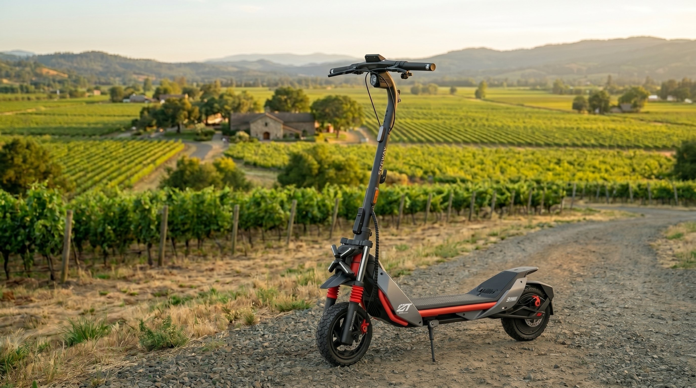 Segway ZT3 Pro electric scooter parked near Napa Valley winery entrance